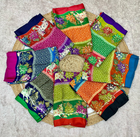 CP-7070 SATIN MOSS SAREE WITH COW AND KALAMKARI DESIGN WITH MOSS PATTA SOFT FEEL SAREE