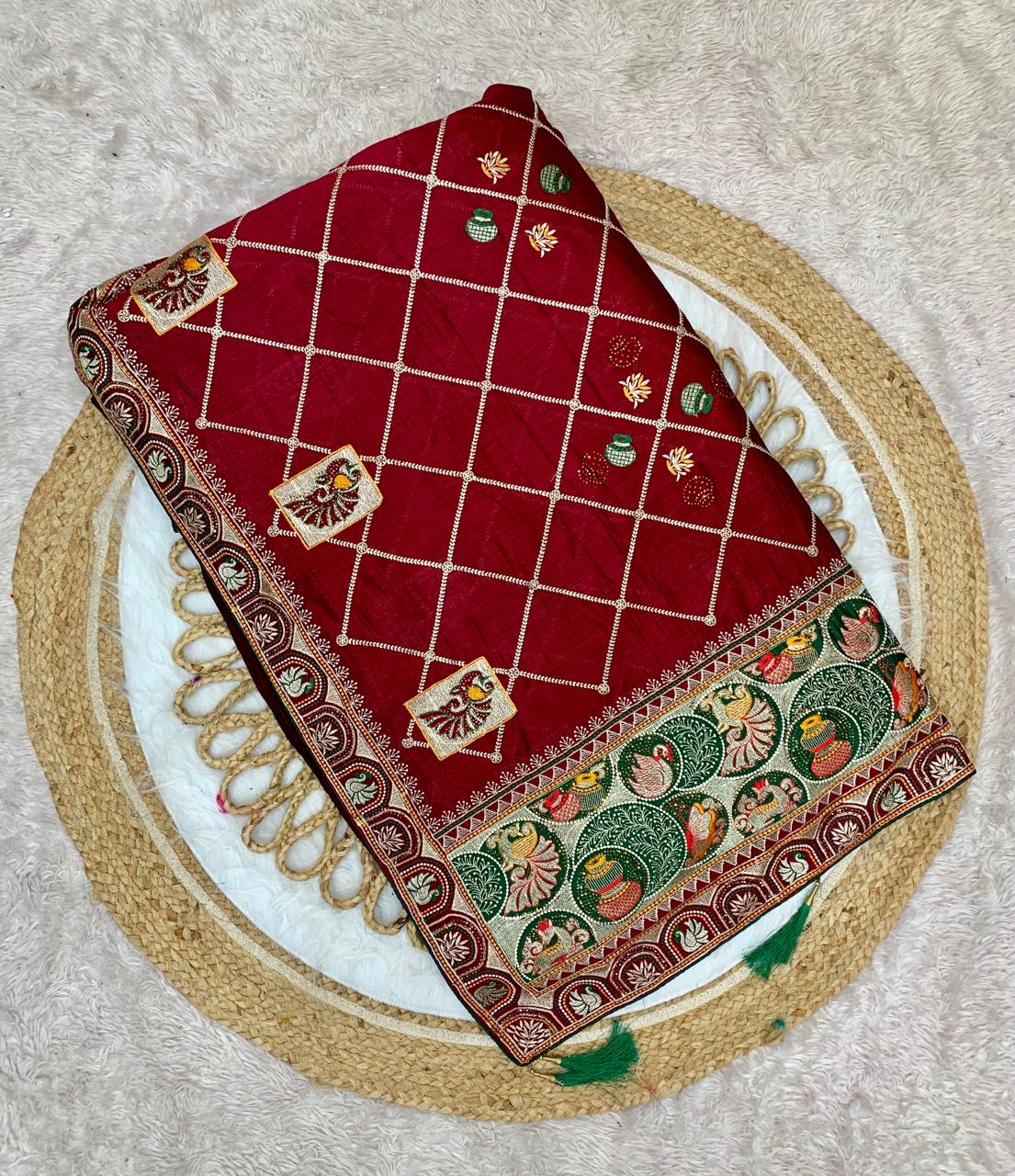BS-PANCH-MAHA VICHITRA SILK WITH GHARCHOLA DESIGN WITH HEAVY PALLU WITH DIAMOND WORK ALL OVER WITH TASSELS