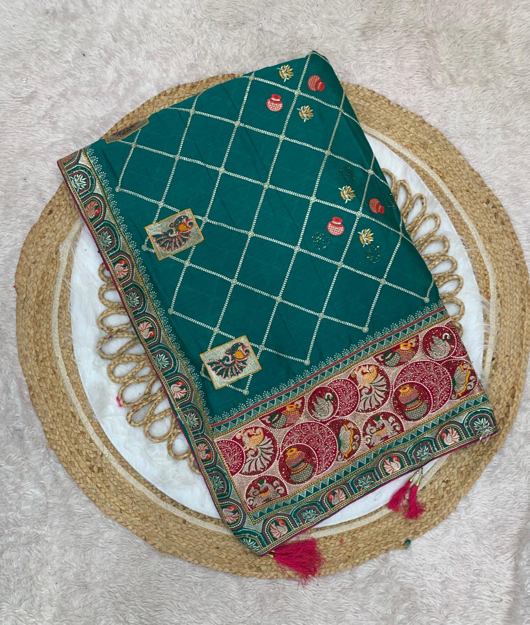 BS-PANCH-MAHA VICHITRA SILK WITH GHARCHOLA DESIGN WITH HEAVY PALLU WITH DIAMOND WORK ALL OVER WITH TASSELS
