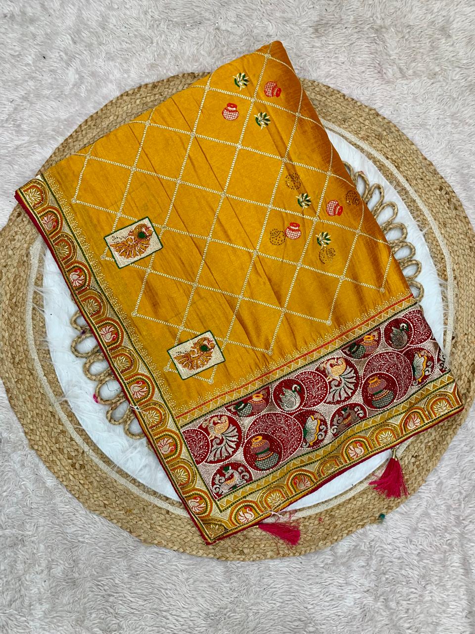 BS-PANCH-MAHAL VICHITRA SILK WITH GHARCHOLA DESIGN WITH HEAVY PALLU WITH DIAMOND WORK ALL OVER WITH TASSELS