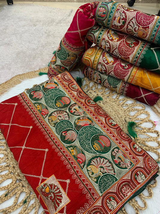 BS-PANCH-MAHAL VICHITRA SILK WITH GHARCHOLA DESIGN WITH HEAVY PALLU WITH DIAMOND WORK ALL OVER WITH TASSELS
