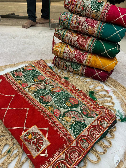 BS-PANCH-MAHAL VICHITRA SILK WITH GHARCHOLA DESIGN WITH HEAVY PALLU WITH DIAMOND WORK ALL OVER WITH TASSELS