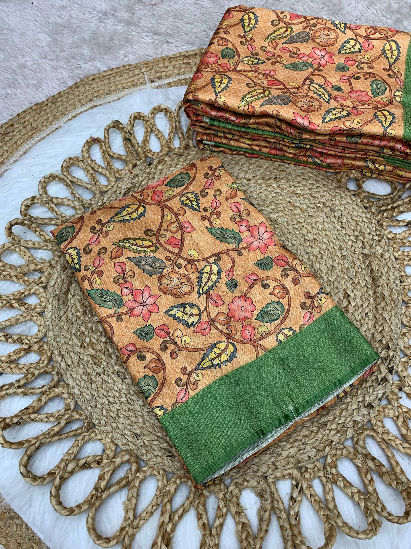 DP-SOFTY DIGITAL DOLA SILK SAREE WITH BEAUTIFUL KALAMKARI DESIGN WITH BEAUTIFUL SINGLE COLOUR