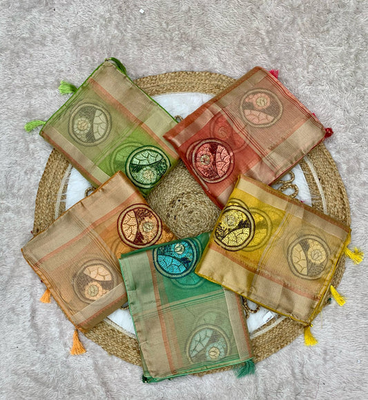 KAS-ORANGE SIMMER CXC ORGNAZA WITH BEAUTIFUL CIRCLE WITH THREAD WORK BEAUTIFUL LINING PATTERN KHADI TYPE FEEL WITH TASSELS