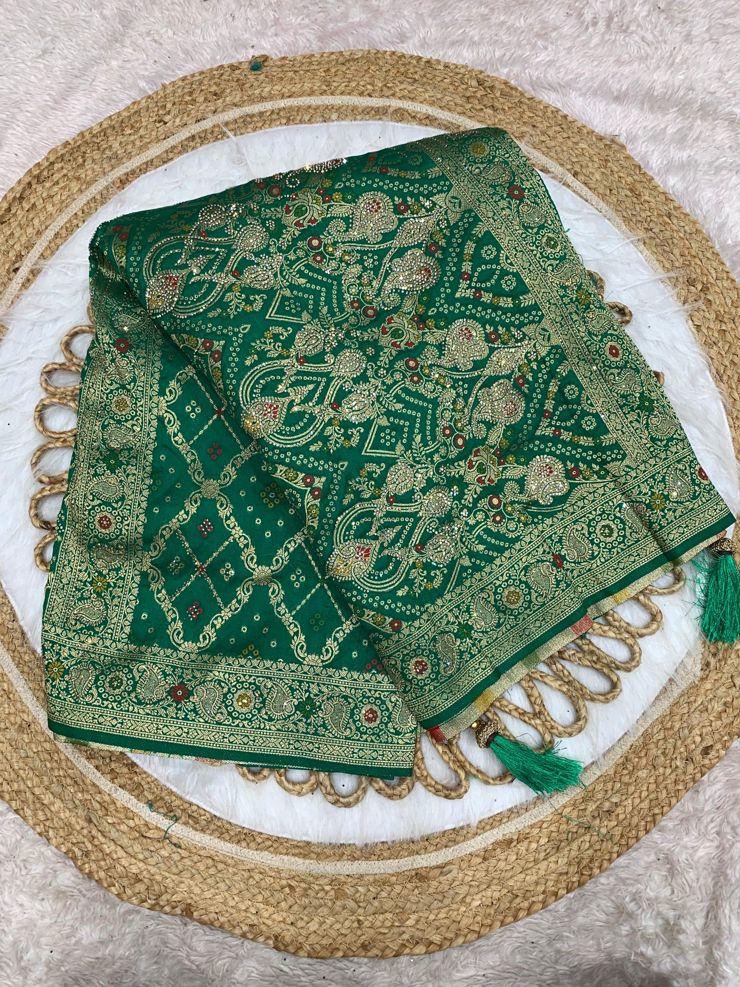 BS-GHARCHOLA EUROPIAN DOLA SILK WITH HEAVY JARKAN WORK WITH GRAND PALLU WITH GHARCHOLA DESIGN