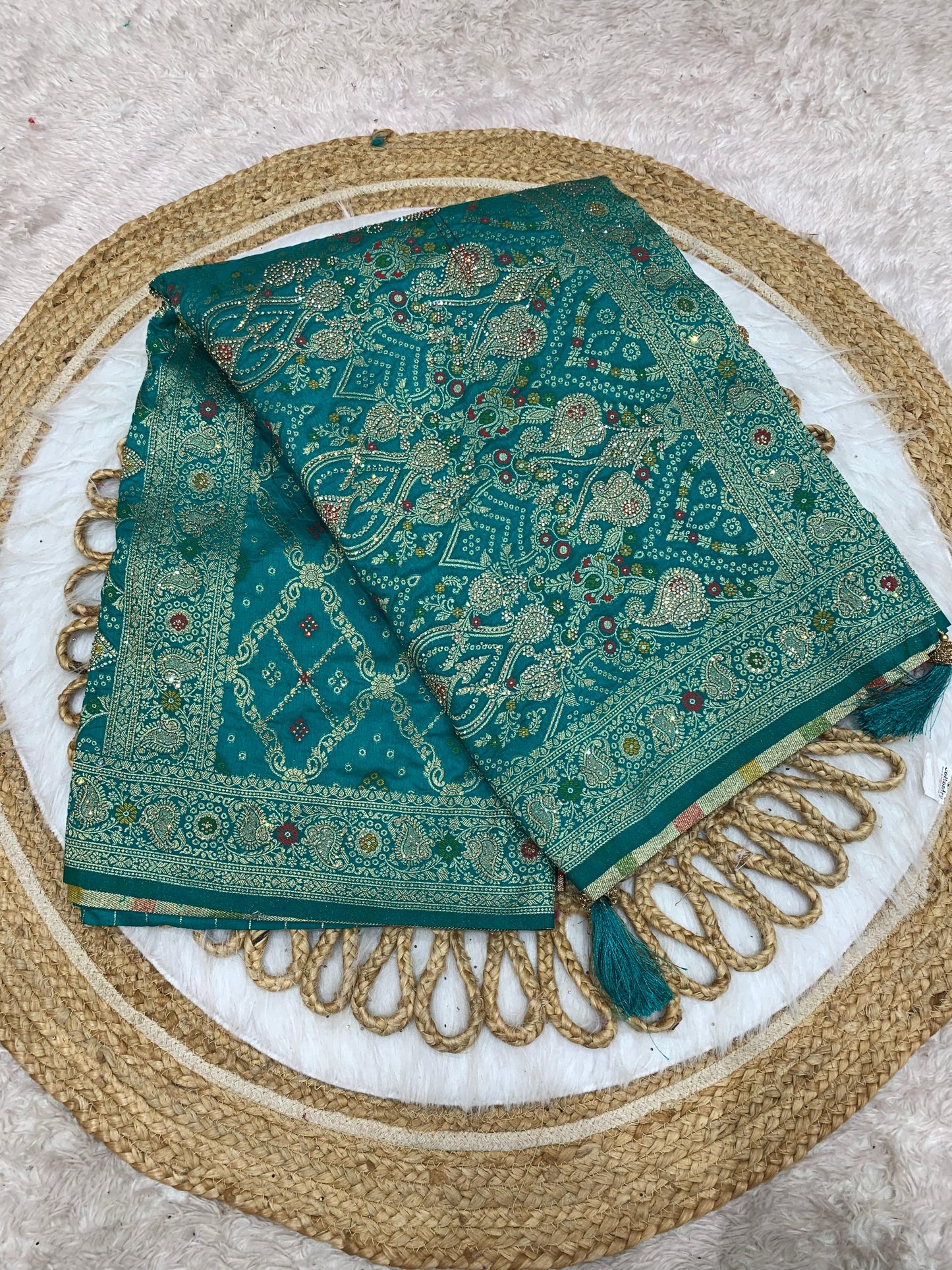 BS-GHARCHOLA EUROPIAN DOLA SILK WITH HEAVY JARKAN WORK WITH GRAND PALLU WITH GHARCHOLA DESIGN