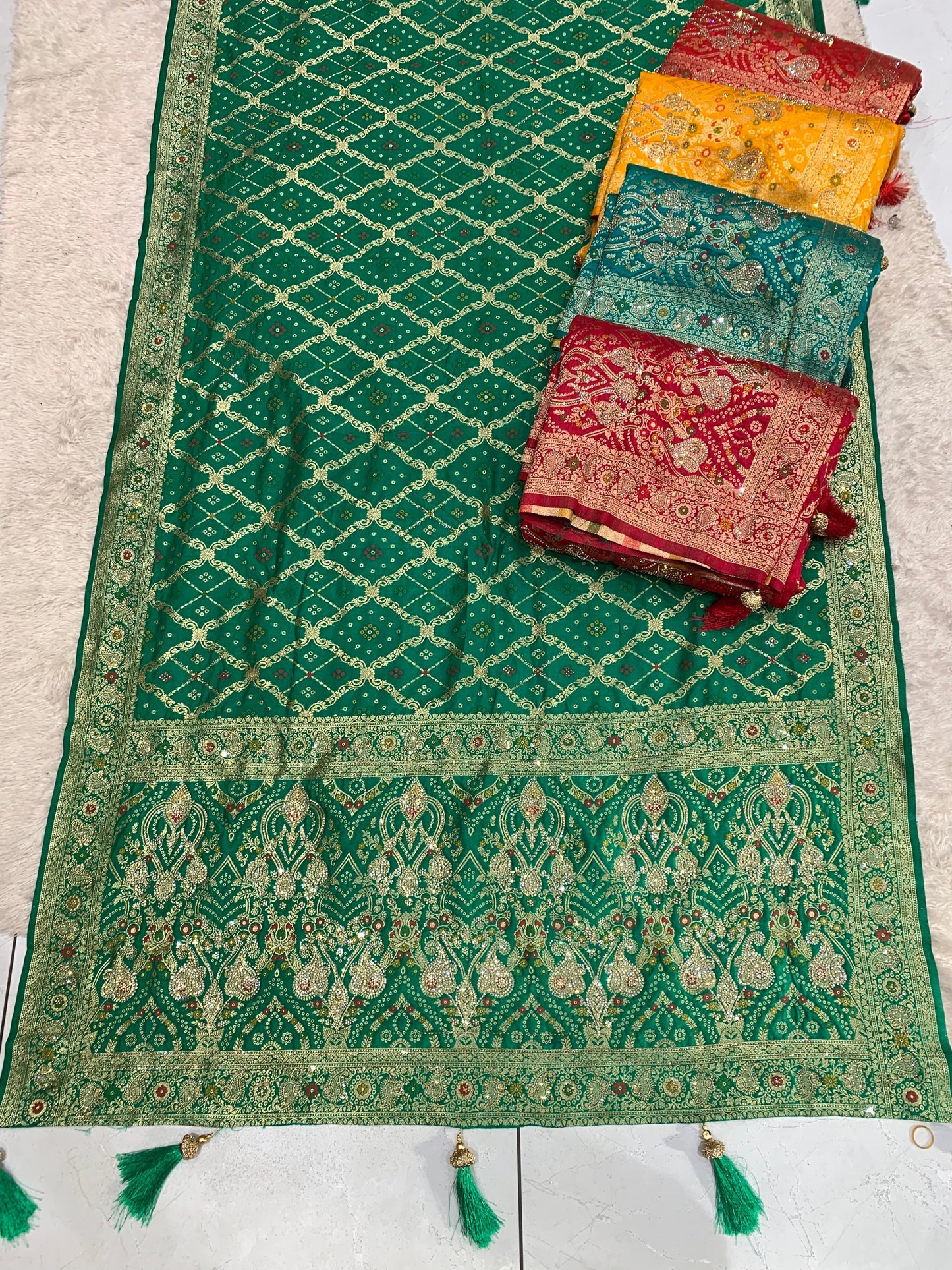 BS-GHARCHOLA EUROPIAN DOLA SILK WITH HEAVY JARKAN WORK WITH GRAND PALLU WITH GHARCHOLA DESIGN