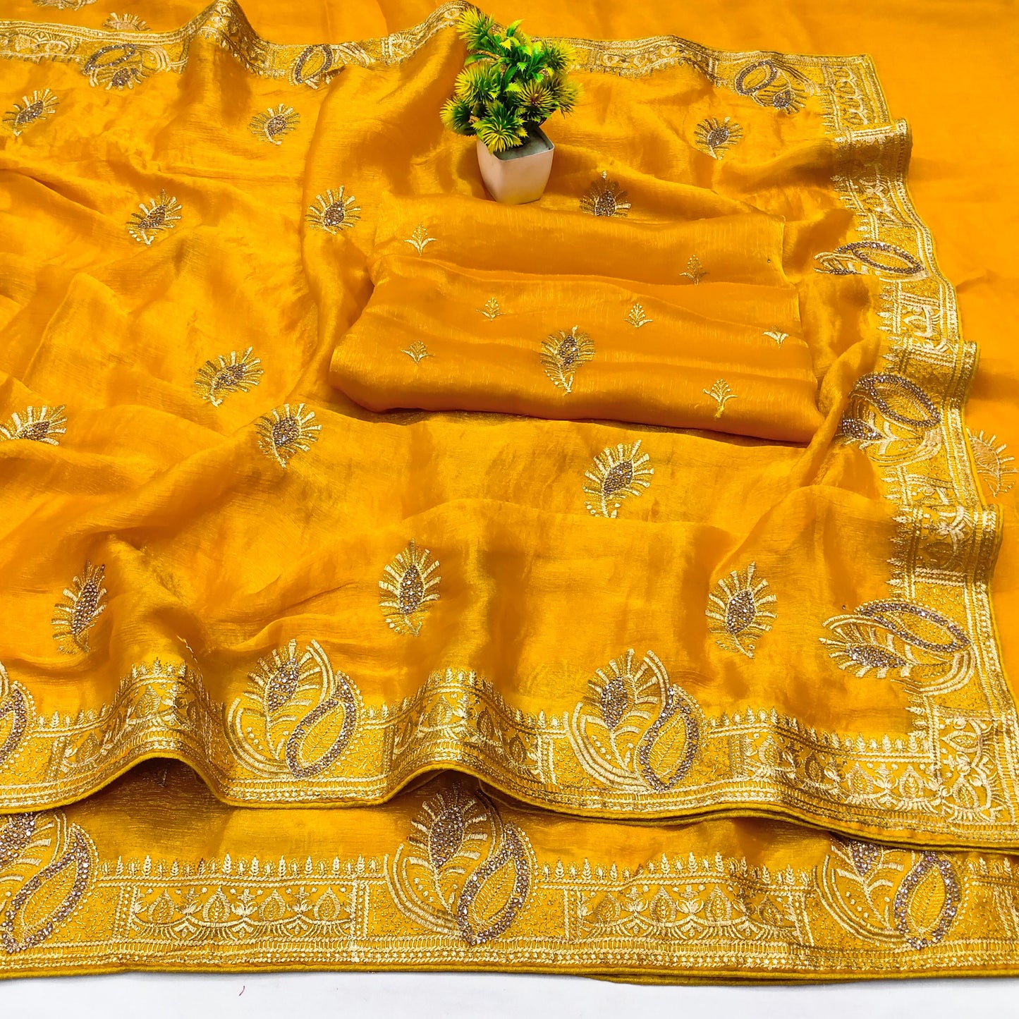 DF-SHANDAR MULMUL CHIFFON SAREE WITH BEAUTIFUL EMBORIDERY WORK WITH MORPANKH DESIGN WITH JARKAN WORK ALL OVER