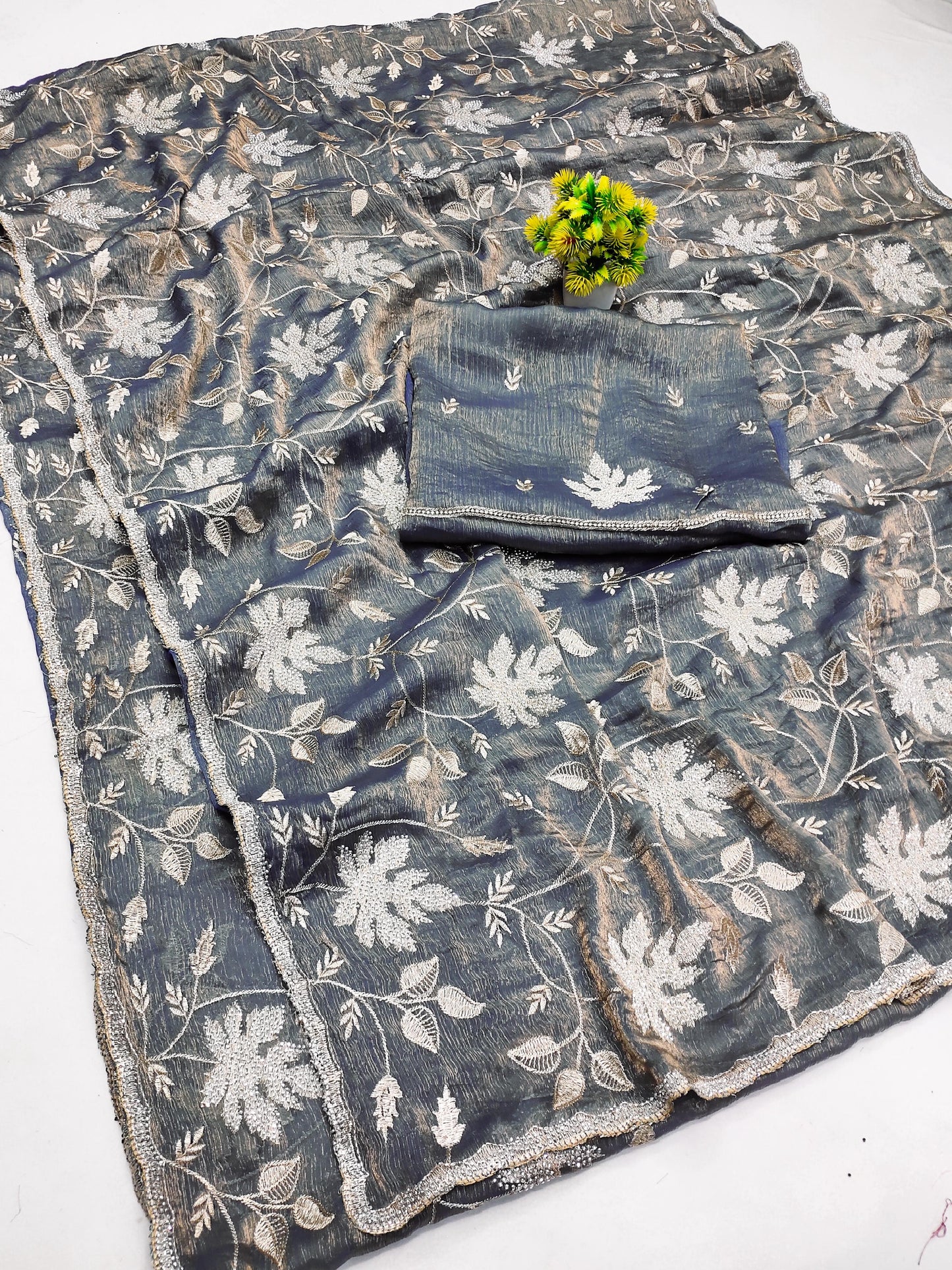 DF-JUNGLE FENDI GOLD SAREE WITH TWO TONE EFFECT WITH EMBORIDERY JHAL WORK ALL OVER WITH SIROSKI WORK