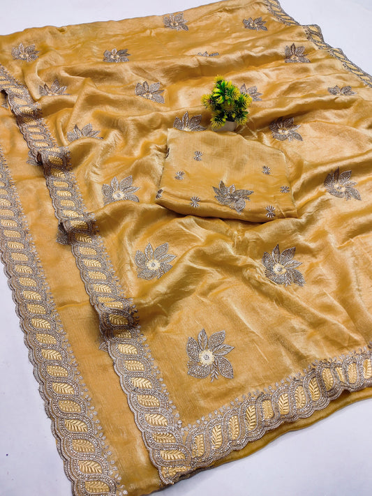 DF-HEAVEN-2 PREMIUM MULMULI CHIFFON SAREE WITH CRAFTED WITH BEAUTIFUL THREAD WORK WITH ELEGANT EMBROIDERY WORK WITH DIAMOND ALL OVER