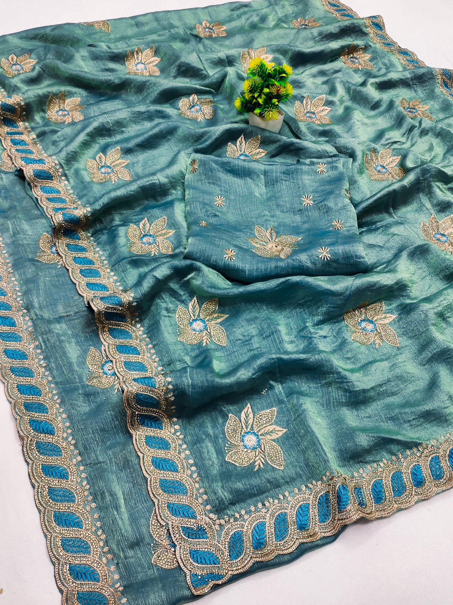 DF-HEAVEN-2 PREMIUM MULMULI CHIFFON SAREE WITH CRAFTED WITH BEAUTIFUL THREAD WORK WITH ELEGANT EMBROIDERY WORK WITH DIAMOND ALL OVER