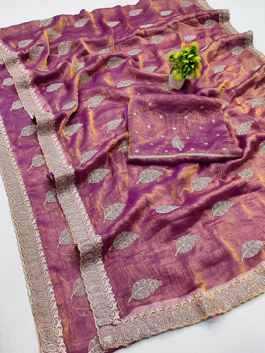 DF-DUBAI FENDI SPACE SILK SAREE WITH BEAUTIFUL SIROSKI EMOBIRDERY BORDER WITH LEAF DESIGN ON BODY WITH HEAVY BLOUSE