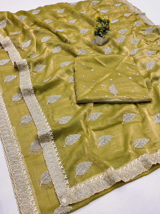 DF-DUBAI FENDI SPACE SILK SAREE WITH BEAUTIFUL SIROSKI EMOBIRDERY BORDER WITH LEAF DESIGN ON BODY WITH HEAVY BLOUSE