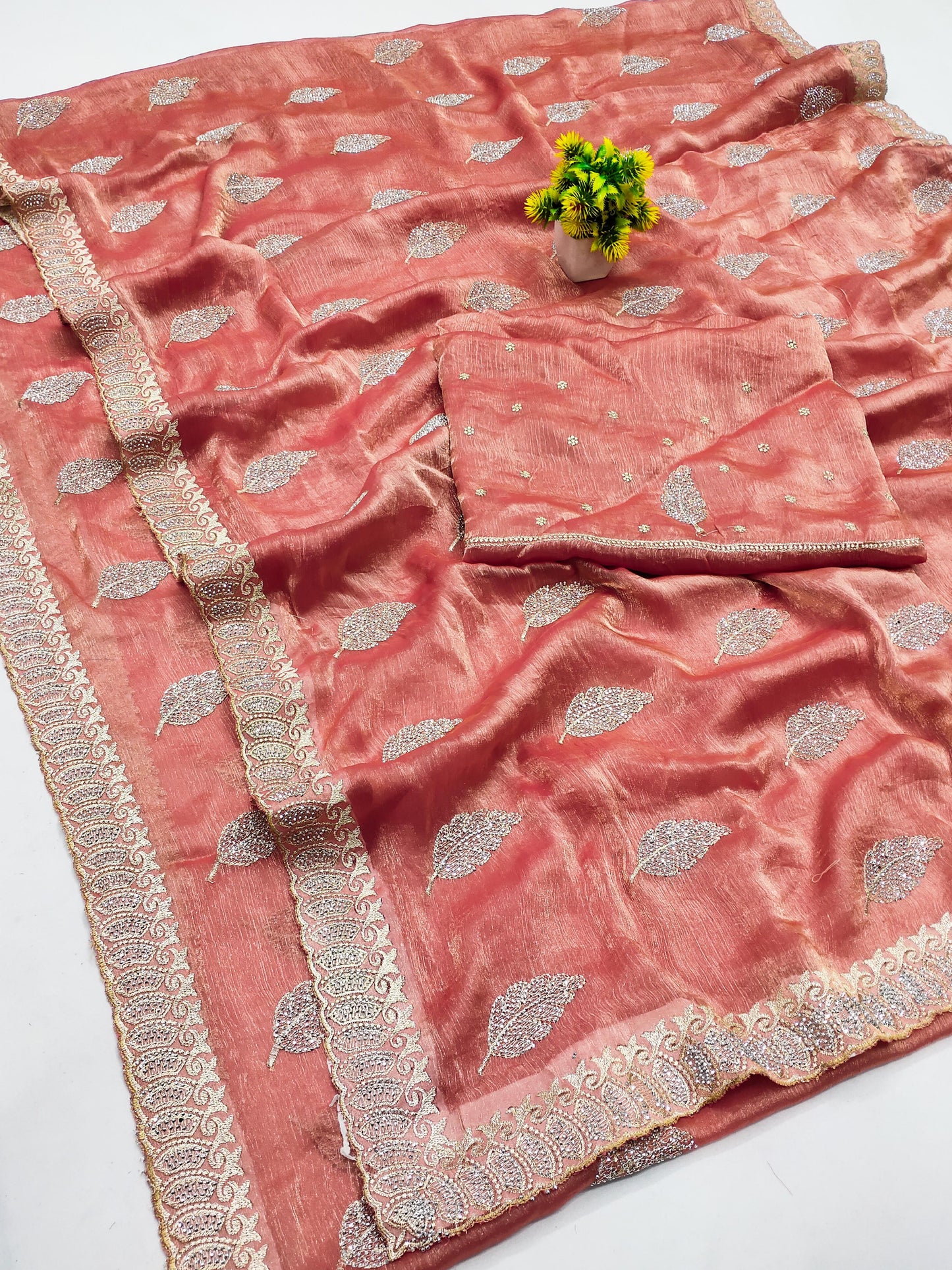 DF-DUBAI FENDI SPACE SILK SAREE WITH BEAUTIFUL SIROSKI EMOBIRDERY BORDER WITH LEAF DESIGN ON BODY WITH HEAVY BLOUSE