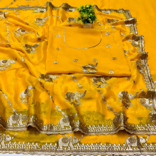 DF-GAJRAJ FANCY FENDI SAREE WITH BEAUTIFUL GAJRAJ EMBORIDERY WORK WITH LAHERIA DESIGN WITH DMC DIAMOND