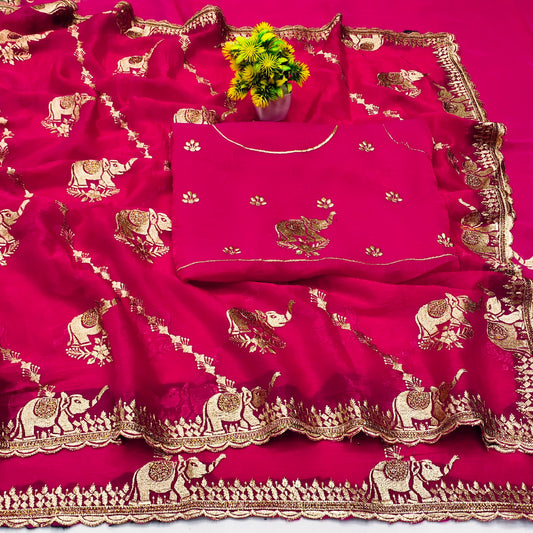 DF-GAJRAJ FANCY FENDI SAREE WITH BEAUTIFUL GAJRAJ EMBORIDERY WORK WITH LAHERIA DESIGN WITH DMC DIAMOND