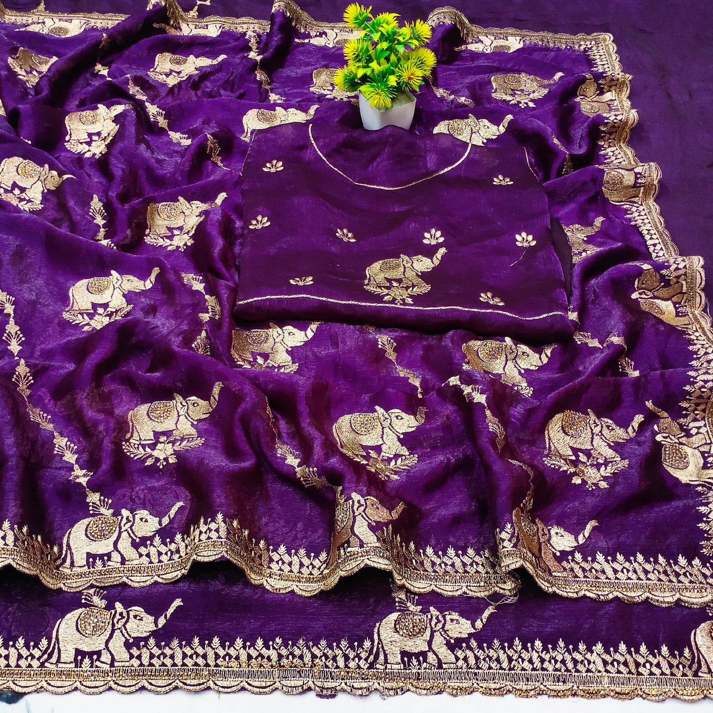 DF-GAJRAJ FANCY FENDI SAREE WITH BEAUTIFUL GAJRAJ EMBORIDERY WORK WITH LAHERIA DESIGN WITH DMC DIAMOND