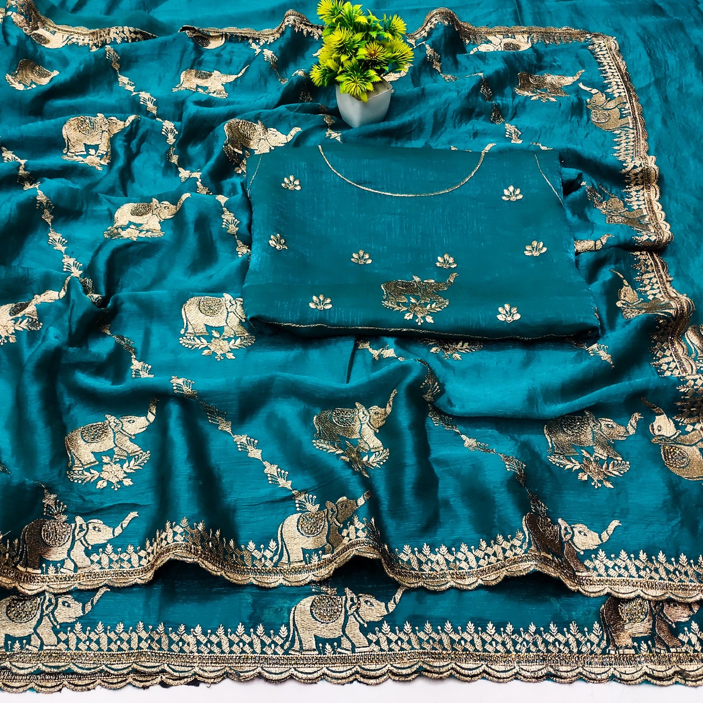 DF-GAJRAJ FANCY FENDI SAREE WITH BEAUTIFUL GAJRAJ EMBORIDERY WORK WITH LAHERIA DESIGN WITH DMC DIAMOND