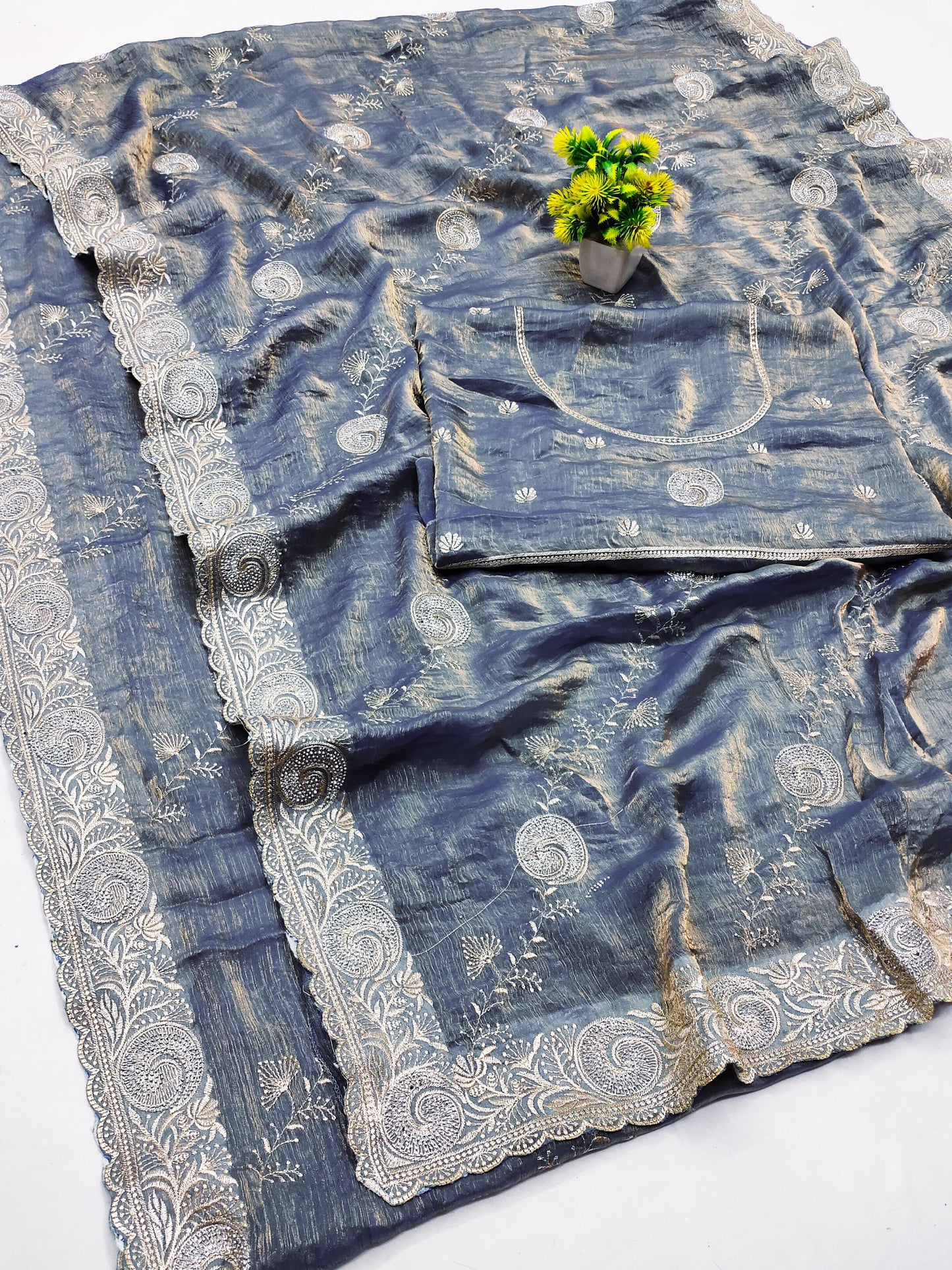 DF-AGRA FENDI CHIFFON SAREE WITH EMBORIDERY WORK WITH LAHERIA TOUCH UP WITH SIROSKI WORK AND HEAVY BLOUSE