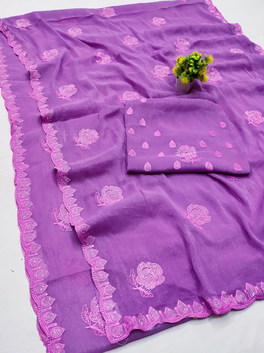 DF-RAFEL PREMIUM SIMMER SAREE WITH BEAITUFIL THREAD WORK WITH SIROSKI ON BORDER AND BUTHA WITH HEAVY BLOUSE