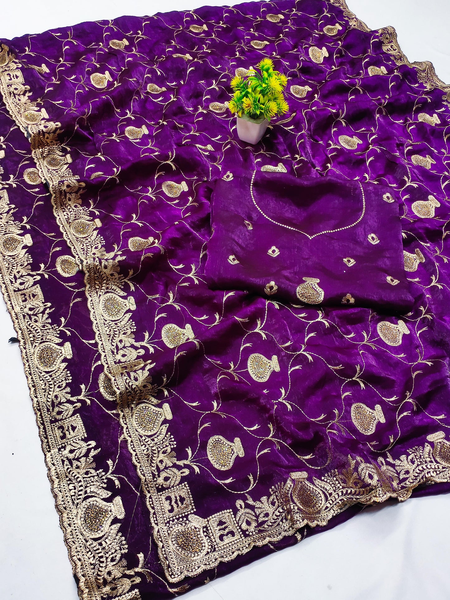 DF-MATKA MULMUL CHIFFON SAREE WITH BEAUTIFUL JHAL MATKA DESIGN ALL OVER HEAVY EMBORIDERY WORK WITH HEAVY BLOUSE