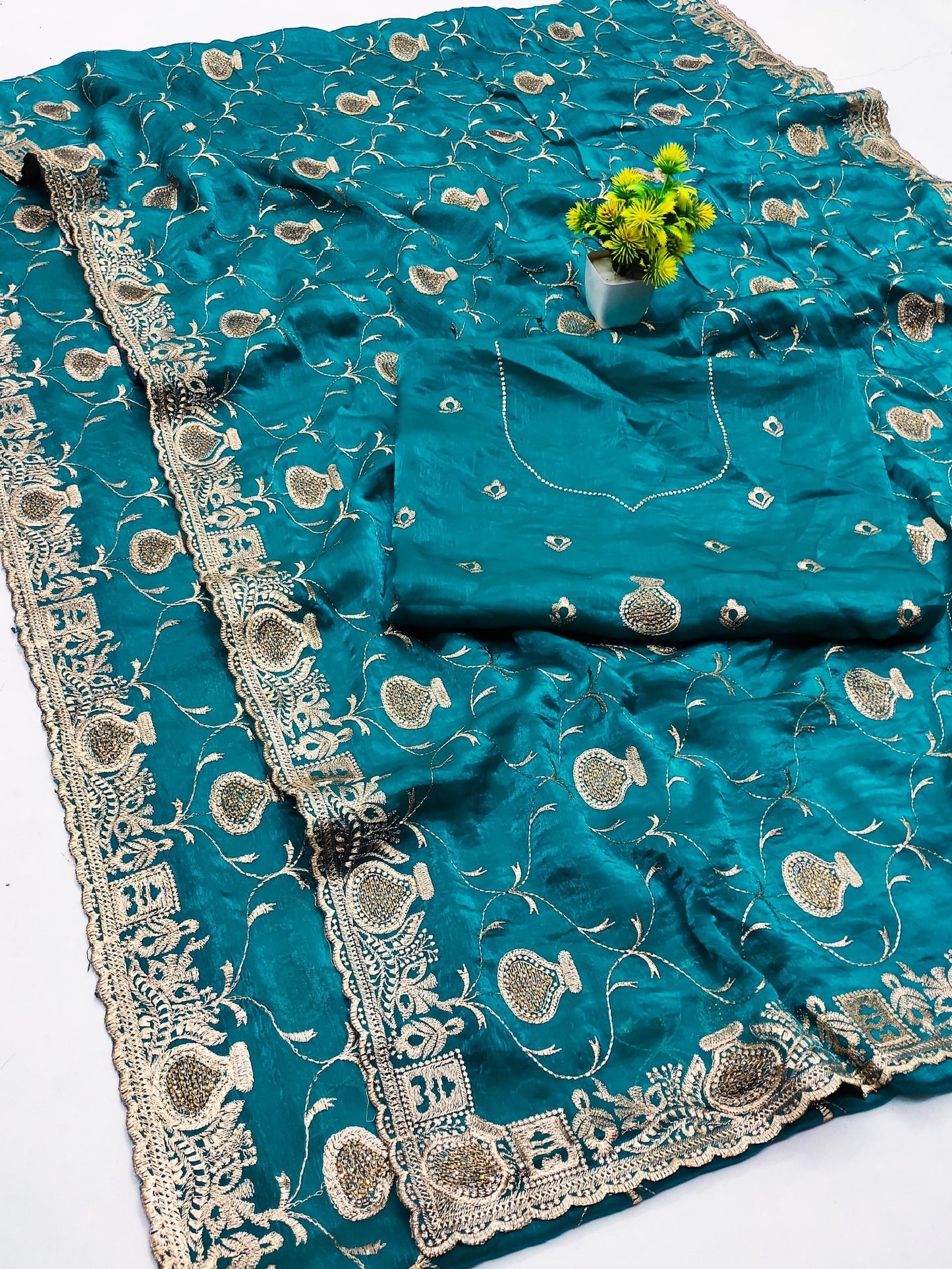 DF-MATKA MULMUL CHIFFON SAREE WITH BEAUTIFUL JHAL MATKA DESIGN ALL OVER HEAVY EMBORIDERY WORK WITH HEAVY BLOUSE