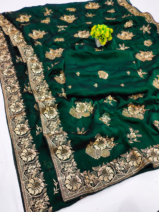 DF-HALDI FENDI CHIFFON SAREE WITH BEAUTIFULLY CRAFTED EMBROIDERY WORK WITH SIROSKI WORK AND HEAVY BLOUSE