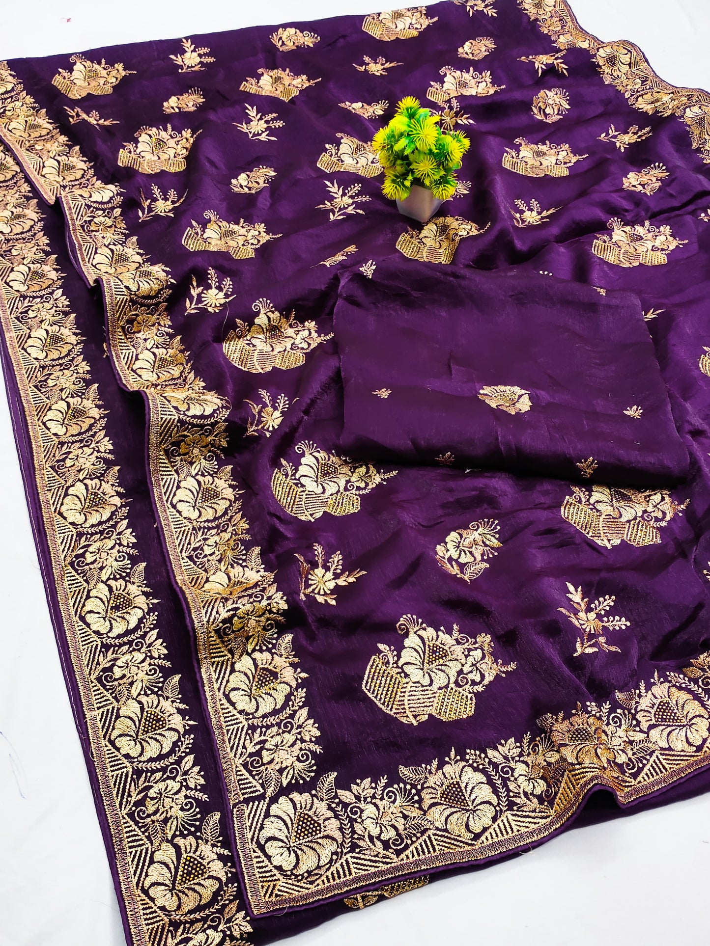 DF-HALDI FENDI CHIFFON SAREE WITH BEAUTIFULLY CRAFTED EMBROIDERY WORK WITH SIROSKI WORK AND HEAVY BLOUSE