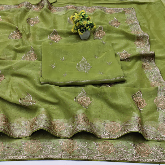 DF-TIPTOP PREMIUM SIMMER SAREE WITH EMBROIDERY LEAF DESIGN WITH SIROSKI WORK ALL OVER ADDITIONAL HEAVY BLOUSE