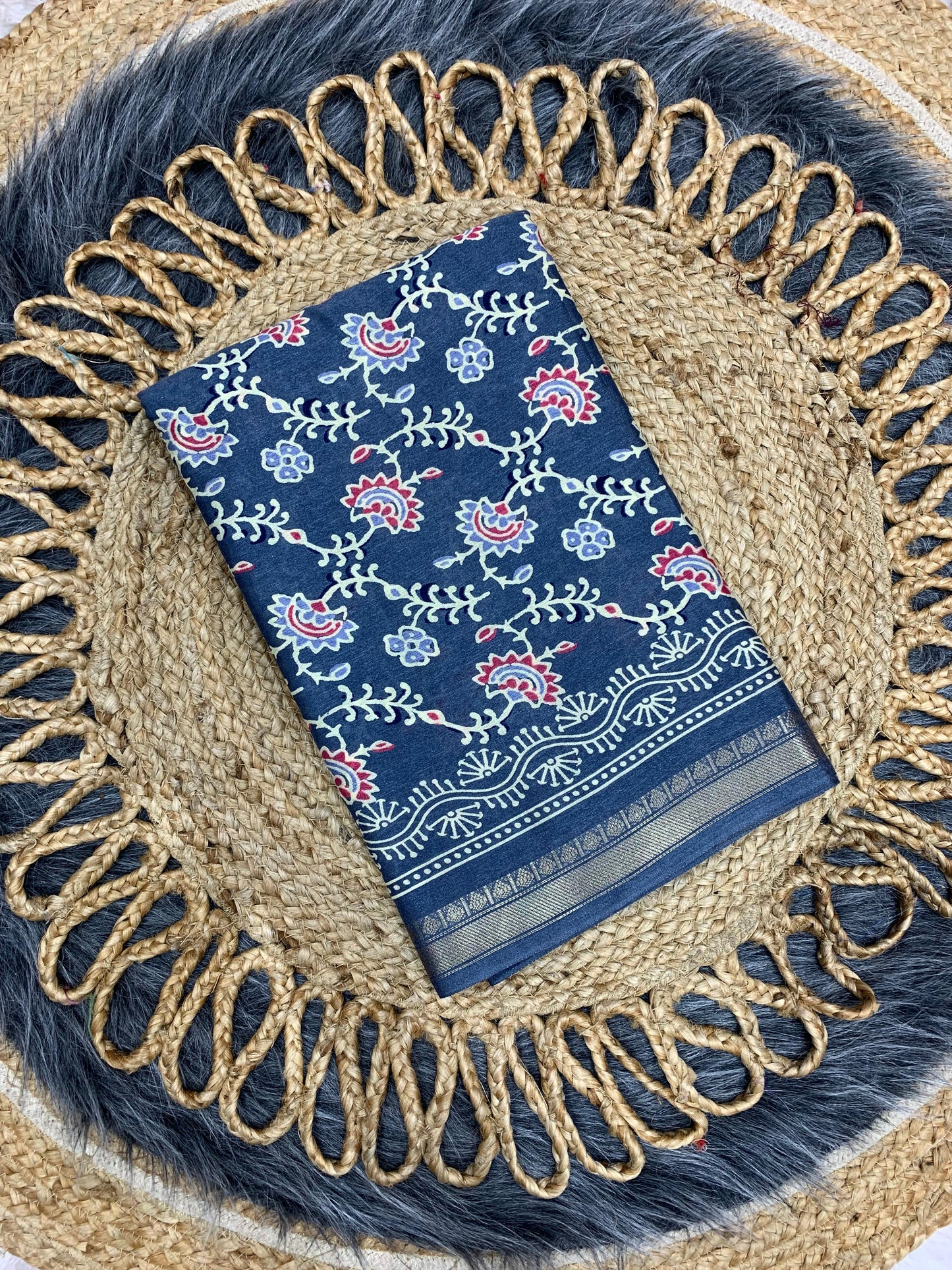 CP-7082 DOLA SILK SAREE WITH BEAUTIFUL AJRAK PRINT WITH FULL 6.30 MTR