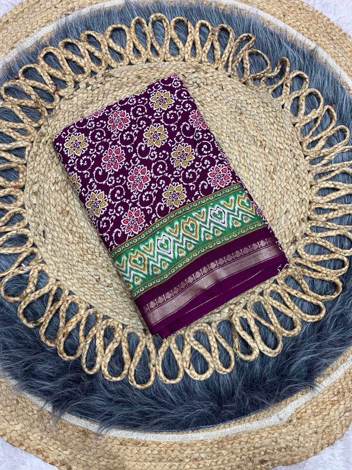 CP-7084 DOLA SILK SAREE WITH BEAUTIFUL AJRAK PRINT WITH FULL 6.30 MTR