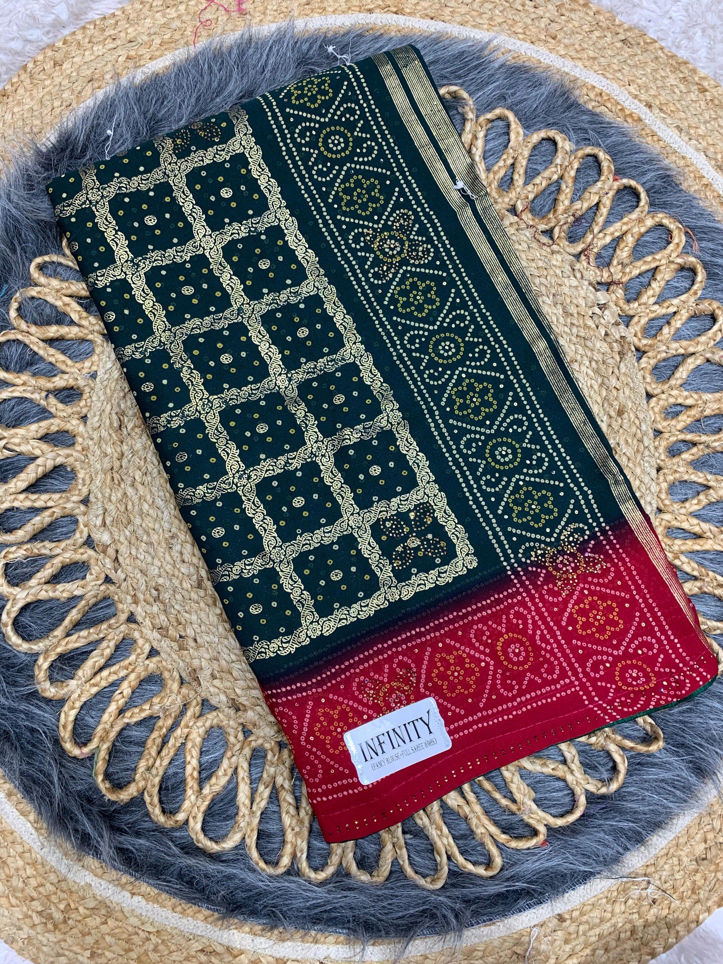 RF-INFINITY FANCY PRINTED SAREE WITH BEAUTIFUL BANDANI WITH GHARCHOLA WITH FOIL PRINT WITH HEAVY FIRMA BLOUSE