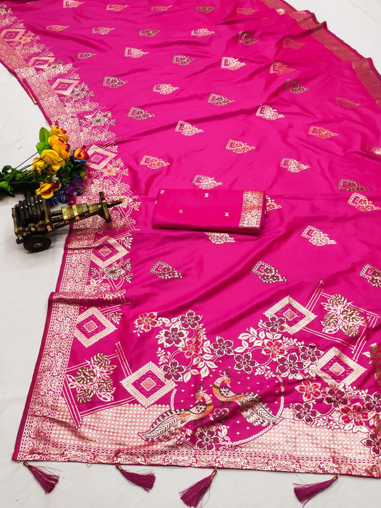 AJ-OPENPALLU PREMIUM SOFT SILK SAREE WITH BEAUTIFUL OPEN PALLU PEACOCK DESIGN WITH MEENAKARI AND PATLI WORK AND BUTTI BLOUSE