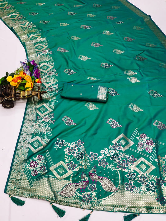 AJ-OPENPALLU PREMIUM SOFT SILK SAREE WITH BEAUTIFUL OPEN PALLU PEACOCK DESIGN WITH MEENAKARI AND PATLI WORK AND BUTTI BLOUSE