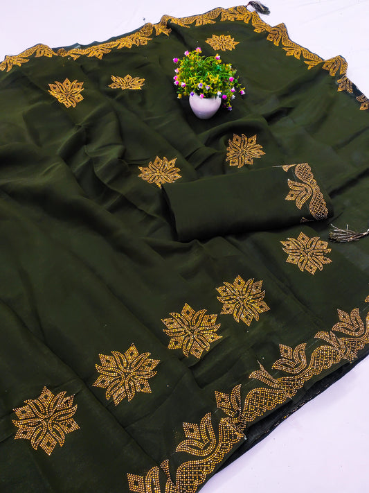 DF-GOLDY 60 GRAM GEORGETTE SAREE WITH BEAUTIFUL GOLD SIROSKI WORK ALL OVER WITH TASSEL