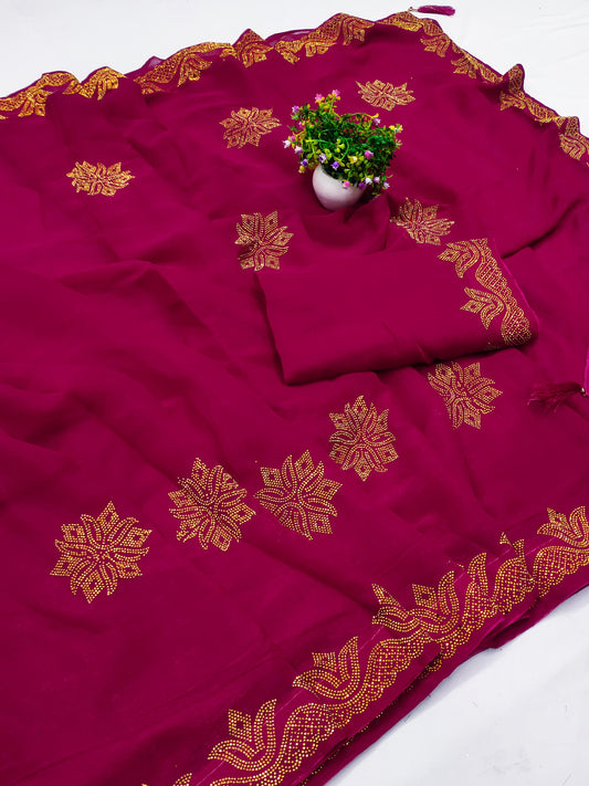 DF-GOLDY 60 GRAM GEORGETTE SAREE WITH BEAUTIFUL GOLD SIROSKI WORK ALL OVER WITH TASSEL