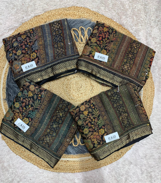 RF-RAID FANCY PRINTED SAREE WITH BRASSO WITH BLACK COMMON WITH HEAVY WORK BLOUSE