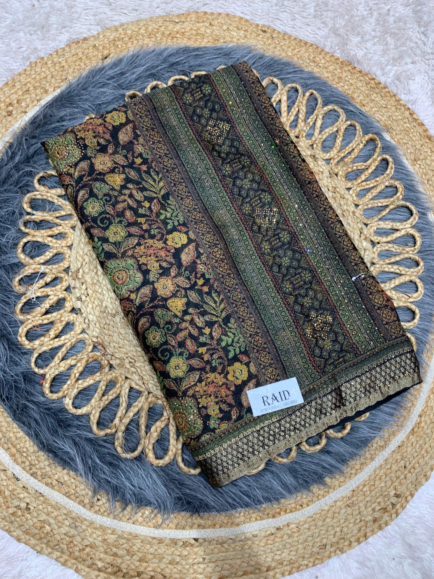 RF-RAID FANCY PRINTED SAREE WITH BRASSO WITH BLACK COMMON WITH HEAVY WORK BLOUSE