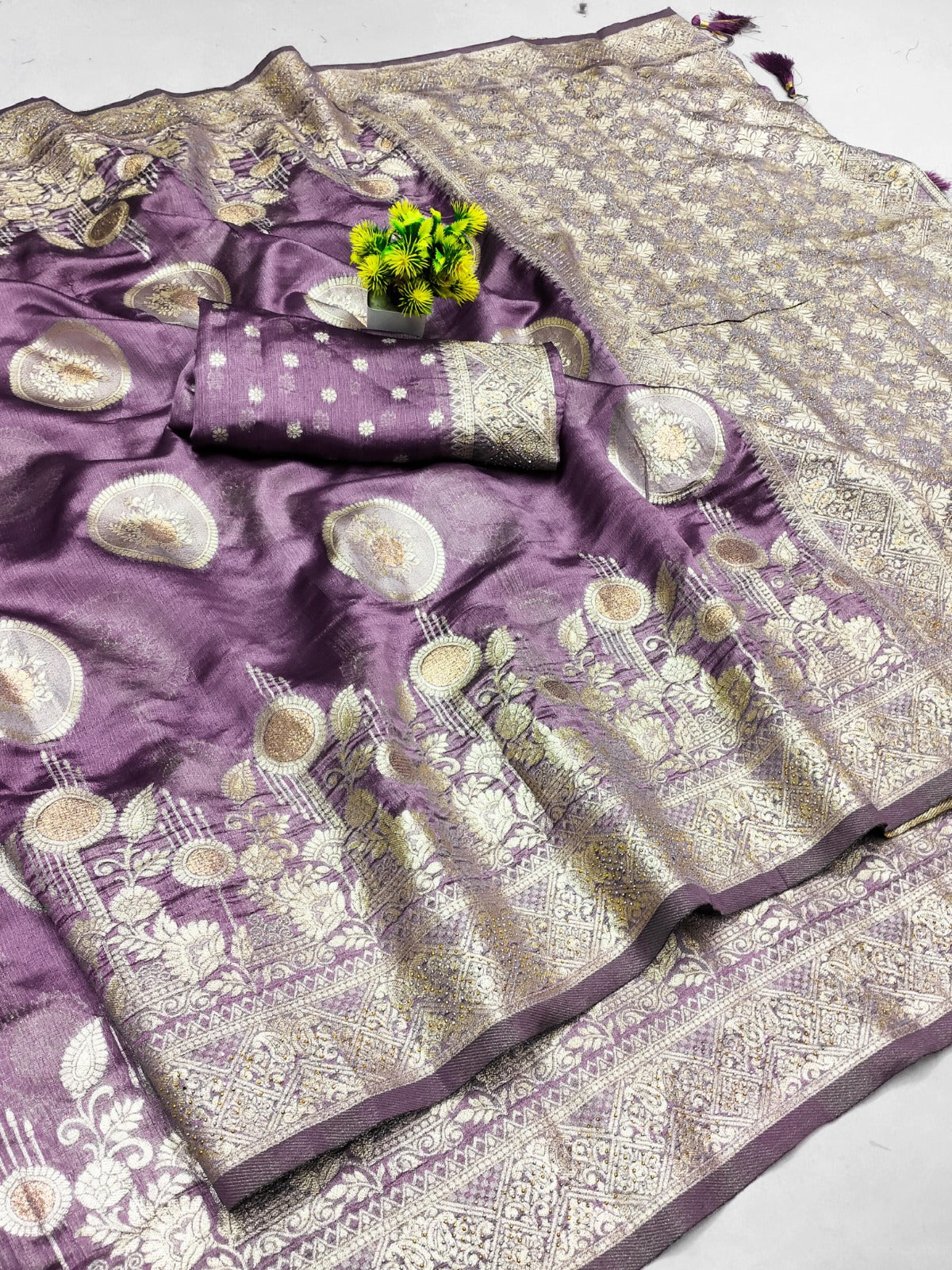 AJ-SURAT PREMIUM KHADI SILK SAREE WITH RICH PALLU SAREE WITH BEAUTIFUL TRENDY BHUTA DESIGN WITH SIROSKI ALL OVER AND TASSELS ATTACHED