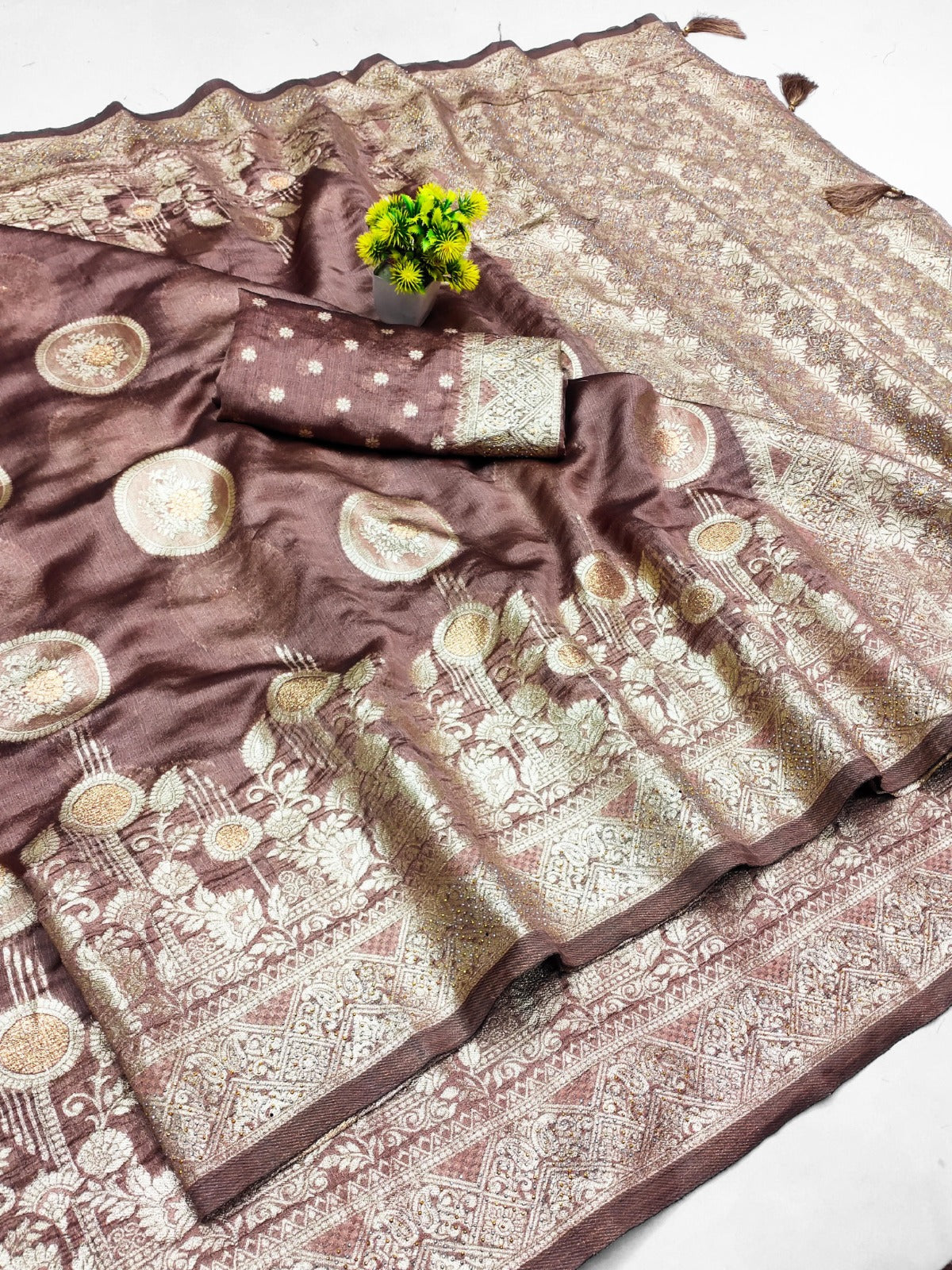 AJ-SURAT PREMIUM KHADI SILK SAREE WITH RICH PALLU SAREE WITH BEAUTIFUL TRENDY BHUTA DESIGN WITH SIROSKI ALL OVER AND TASSELS ATTACHED