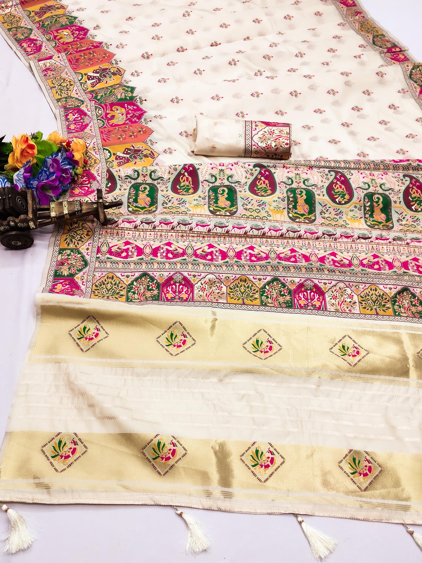 AJ-PASHMINA-2 PREMIUM LICHI PASHMINA SILK SAREE WITH BEAUTIFUL GRAND PALLU WITH JAREE PATTA AND BUTI BLOUSE