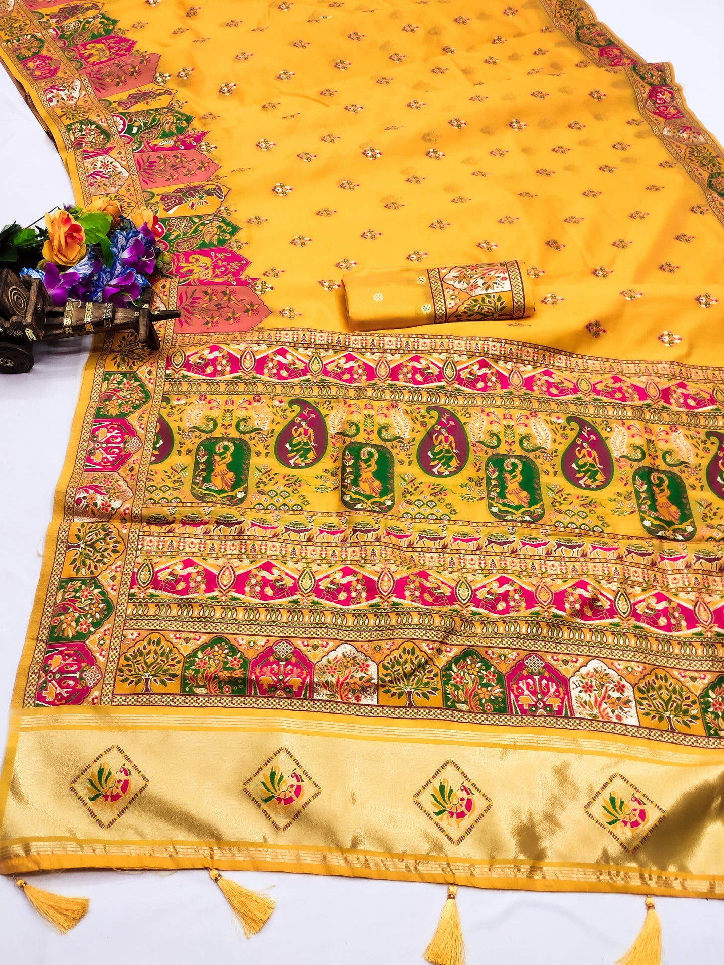 AJ-PASHMINA-2 PREMIUM LICHI PASHMINA SILK SAREE WITH BEAUTIFUL GRAND PALLU WITH JAREE PATTA AND BUTI BLOUSE