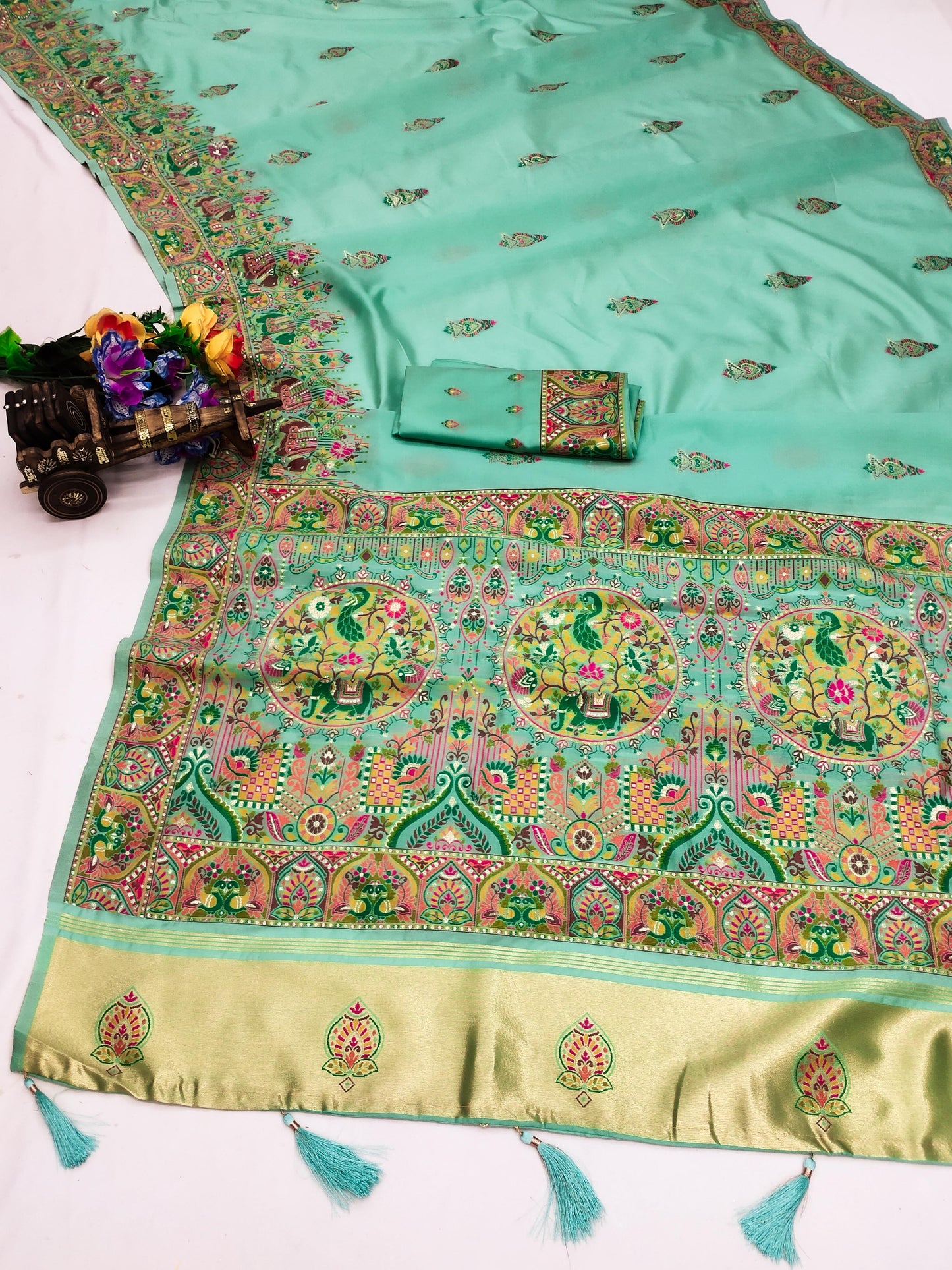 AJ-PASHMINA-5 PREMIUM LICHI PASHMINA SILK SAREE WITH BEAUTIFUL GRAND PALLU WITH JAREE PATTA AND BUTI BLOUSE