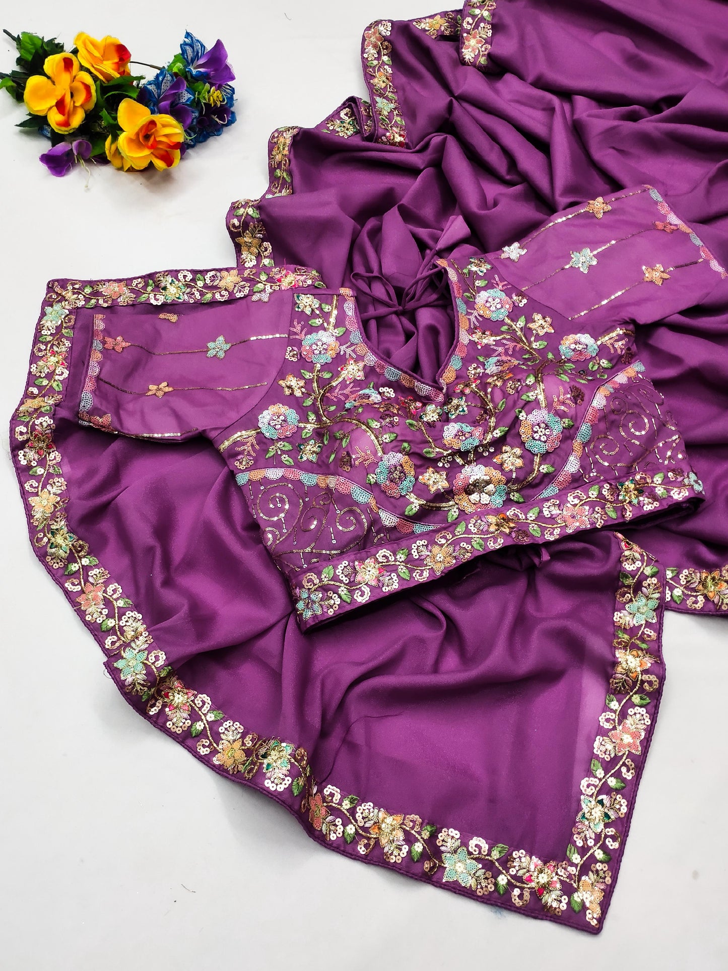 DF-MOHINI FANCY PREMIUM CHOCALTE SAREE WITH BEAUTIFUL THREAD AND SEQUENCE WORK AT BORDER WITH STICHED HEAVY BLOUSE