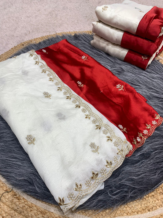 DF-DURGA-PUJA VICHITRA saree with elegant scalap embroidery work with blouse Crunchy silk embroidery blouse work