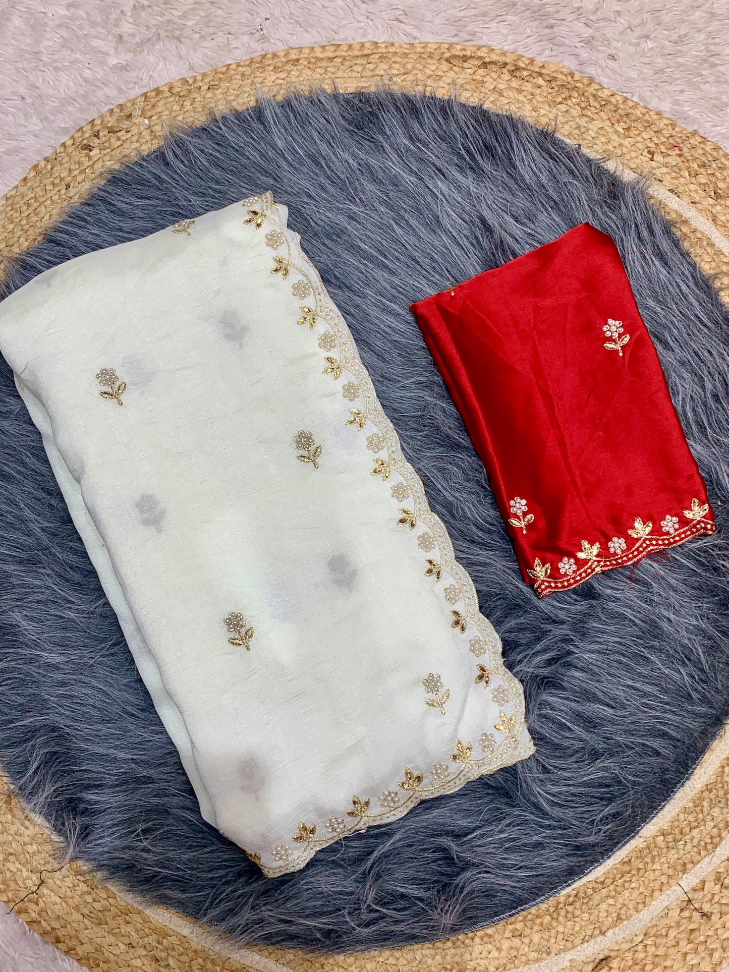 DF-DURGA-PUJA VICHITRA saree with elegant scalap embroidery work with blouse Crunchy silk embroidery blouse work