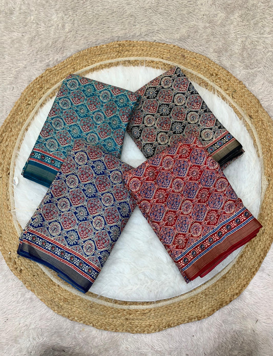 CP-DIVIYA MAL COTTON SAREE WITH VIRAL AJRAK PRINT SAREE WITH FULL 6.30 MTR CUT