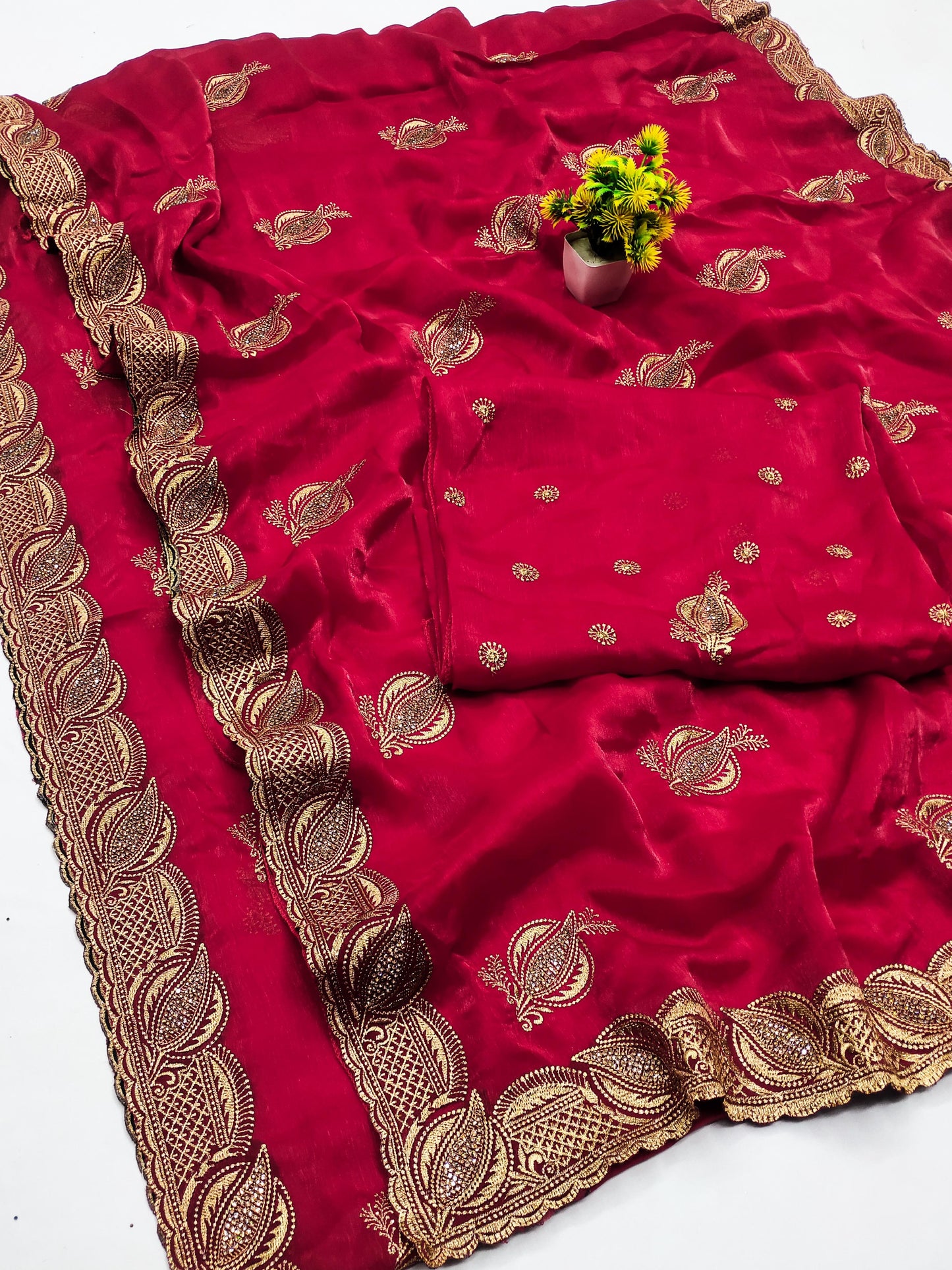 DF-KOHINOOR FENDI CHIFFON SAREE WITH JARAK AND BEAUTIFUL EMBORIDERY WORK ALL OVER WITH HEAVY BLOUSE