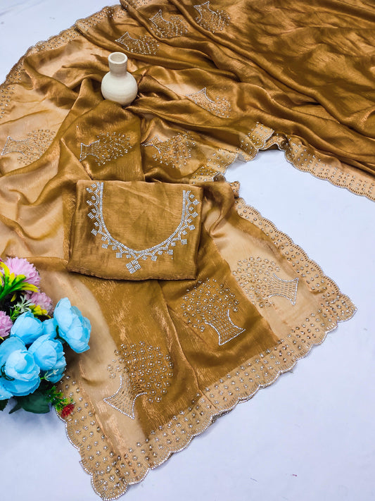 DF-CHANDNI PREMIUM FENDI CHIFFON SAREE WITH HANDWORK BEATS WORK WITH BEAUTIFUL TREE DESIGN