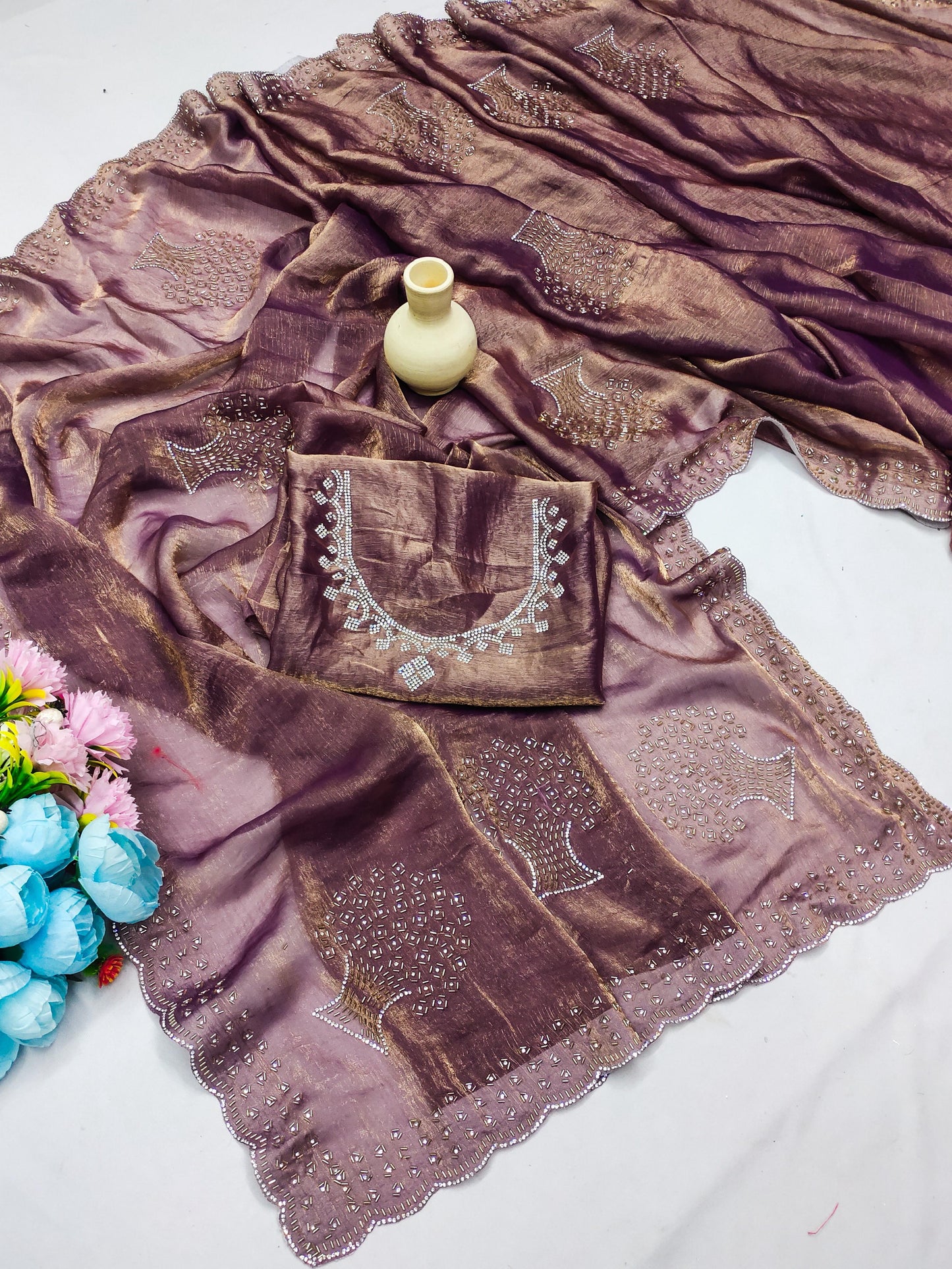 DF-CHANDNI PREMIUM FENDI CHIFFON SAREE WITH HANDWORK BEATS WORK WITH BEAUTIFUL TREE DESIGN